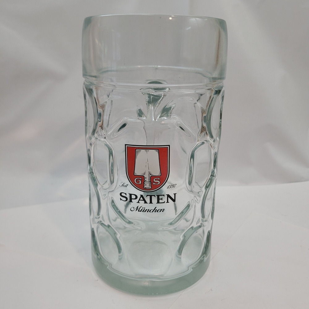Spaten München Beer‎ Stein 1L Dimpled Glass Mug Isar Austria Logo Crest